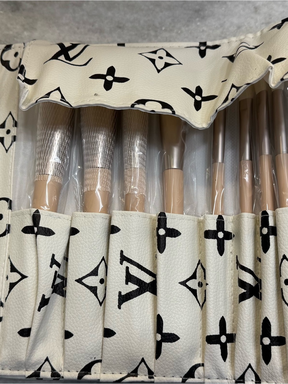 Louis Vuitton Cream and Black Brush Set with Monogram Roll